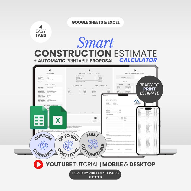 Construction Estimate Template Excel Calculator Spreadsheet Project Cost Management Tool Digital Download Proposal Generator Contractor Bid System Customizable Currency Settings Business Invoice Creator Professional Builder Template
