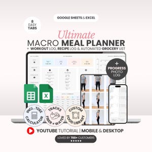Planificateur de repas macro Feuilles Google Calculateur de calories Suivi des macros Suivi de la perte de poids Modèle de liste de courses Journal de recettes Déficit calorique