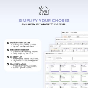 May include: A digital planner set featuring a weekly chore chart, cleaning checklist, grocery list, and project tracker. The text reads SIMPLIFY YOUR CHORES, PLAN AHEAD. STAY ORGANIZED. LIVE EASIER. It includes lists for tracking chores, projects, and items.