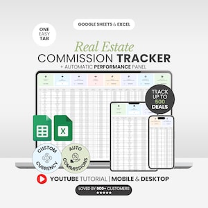 May include: A digital Real Estate Commission Tracker spreadsheet for Google Sheets and Excel, featuring an automatic performance panel, mobile and desktop compatibility, custom currency options, and capacity to track up to 500 deals.