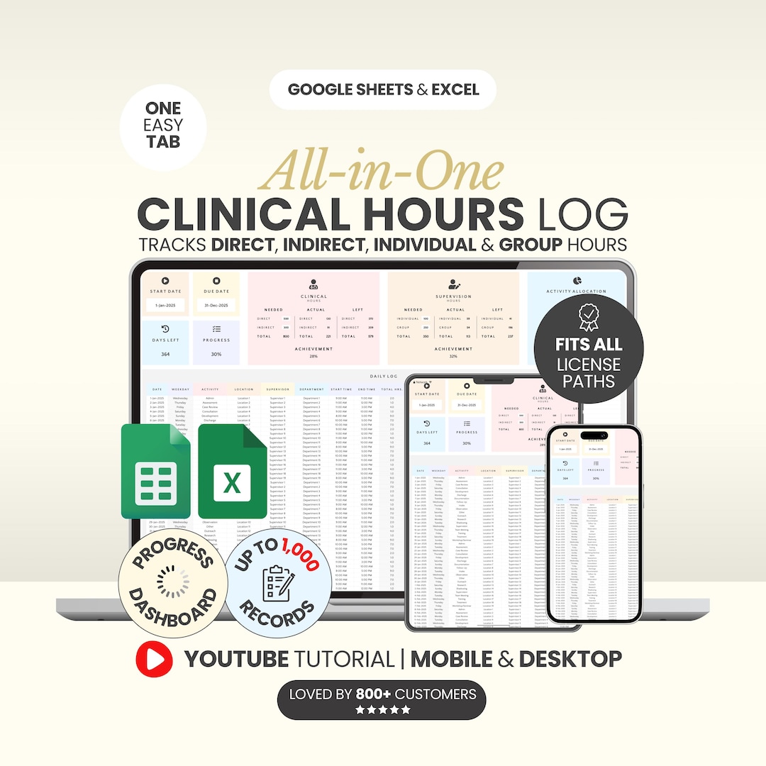 Clinical Supervision Hours Log Spreadsheet Nursing School Tracker ...