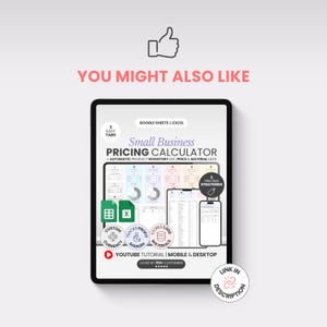 May include: A tablet screen shows a "Small Business Pricing Calculator" with multiple tabs and features. The display includes charts, graphs, and the text "Automatic Product Inventory List, Price & Material Lists." Additional text includes "3 Easy Tabs" and "5 Pricing Strategies."