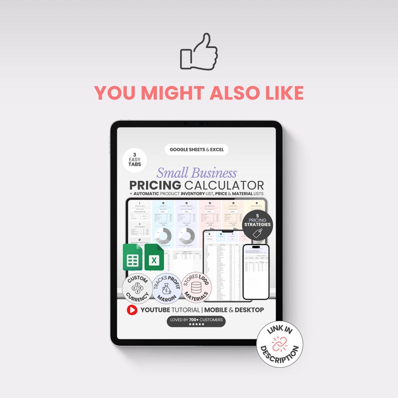 May include: A tablet screen shows a "Small Business Pricing Calculator" with multiple tabs and features. The display includes charts, graphs, and the text "Automatic Product Inventory List, Price & Material Lists." Additional text includes "3 Easy Tabs" and "5 Pricing Strategies."