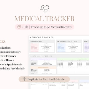May include: A medical tracker with a heart and pulse graphic at the top. The title "MEDICAL TRACKER" is displayed in a large font. The tracker includes sections for personal info, emergency contacts, and health insurance. It tracks up to 90 medical records.