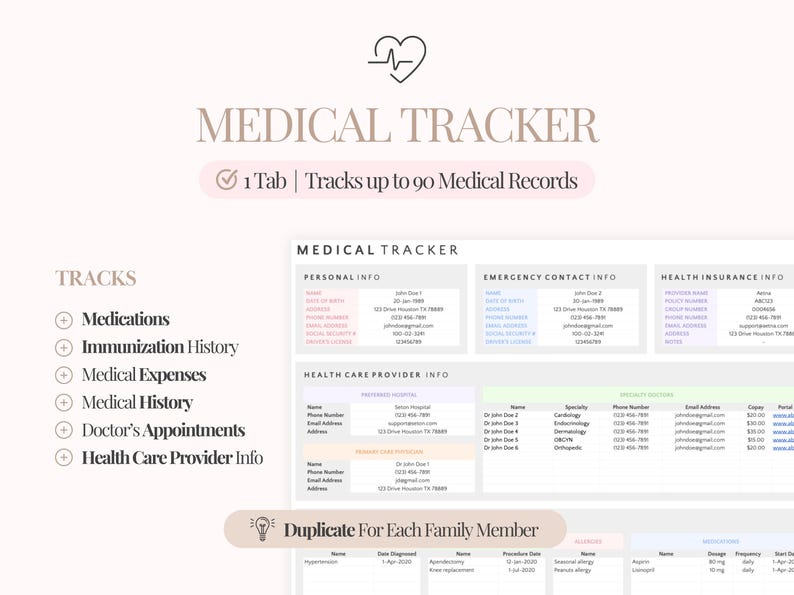 May include: A medical tracker with a heart and pulse graphic at the top. The title "MEDICAL TRACKER" is displayed in a large font. The tracker includes sections for personal info, emergency contacts, and health insurance. It tracks up to 90 medical records.