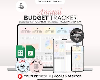 May include: An annual budget tracker digital template for Google Sheets and Excel displayed on a laptop, tablet, and smartphone. The interface features 14 easy tabs, 12 monthly tabs, custom currency options, and space for 3,000 transactions.