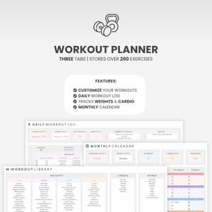 May include: A digital workout planner featuring a dumbbell and kettlebell icon, with text reading WORKOUT PLANNER, THREE TABS | STORES OVER 200 EXERCISES, and a features list. The layout includes a daily workout log, monthly calendar, and library.