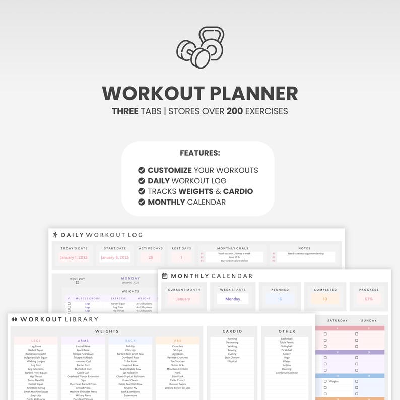 May include: A digital workout planner featuring a dumbbell and kettlebell icon, with text reading WORKOUT PLANNER, THREE TABS | STORES OVER 200 EXERCISES, and a features list. The layout includes a daily workout log, monthly calendar, and library.