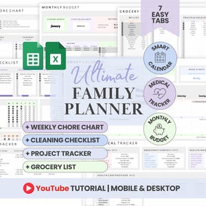 Cyfrowy planer rodzinny Arkusze Google Kalendarz rodzinny Wykres obowiązków w programie Excel Edytowalna lista rzeczy do zrobienia Planer domowy Zestaw do śledzenia budżetu rodzinnego