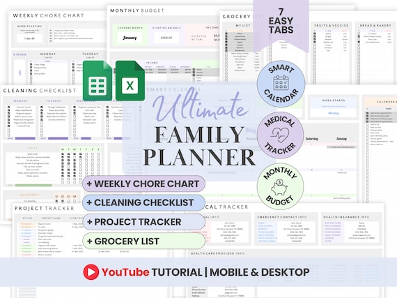 Digital Family Planner Google Sheets Family Calendar Excel Chore Chart Editable To Do List Household Planner Family Budget Tracker Bundle