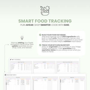 May include: A digital food tracking system with the text "SMART FOOD TRACKING". It includes sections for building a food database, tracking kitchen inventory, and managing food quantities. The design features a light green background and organized food lists.