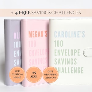 May include: Three A5 size savings challenge binders in pastel colors: lavender, pink, and white. Each binder is personalized with a name and features the text "100 Envelope Savings Challenge". Includes gift wrapping add-on and custom name options.