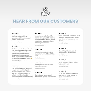 Puede incluir: Un gr&aacute;fico de rese&ntilde;as de clientes con el texto HEAR FROM OUR CUSTOMERS sobre un icono de mano sosteniendo una estrella. Debajo hay nueve rese&ntilde;as de cinco estrellas de Verified Etsy Buyers que elogian una hoja de c&aacute;lculo y sus tutoriales.