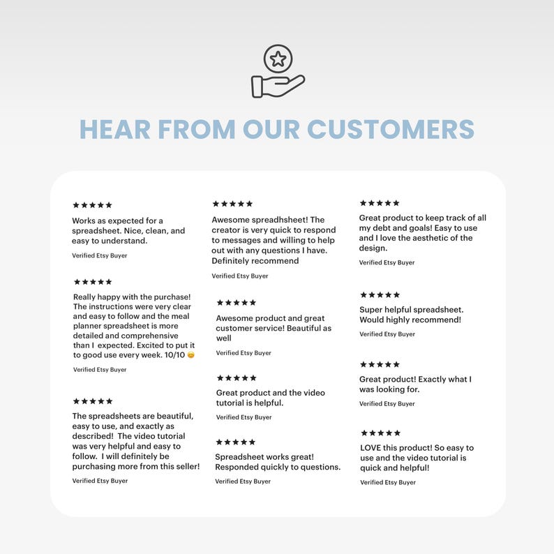 Puede incluir: Un gr&aacute;fico de rese&ntilde;as de clientes con el texto HEAR FROM OUR CUSTOMERS sobre un icono de mano sosteniendo una estrella. Debajo hay nueve rese&ntilde;as de cinco estrellas de Verified Etsy Buyers que elogian una hoja de c&aacute;lculo y sus tutoriales.