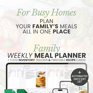 Weekly Meal Planner Spreadsheet Family Meal Planner Food Inventory Tracking System Recipe Organizer Excel Google Sheets Cooking Helper Meal