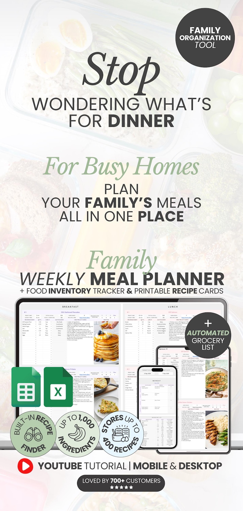 Weekly Meal Planner Spreadsheet Family Meal Planner Food Inventory Tracking System Recipe Organizer Excel Google Sheets Cooking Helper Meal