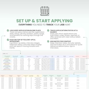 May include: A digital job application tracker with the text "SET UP & START APPLYING" and "EVERYTHING YOU NEED TO TRACK YOUR JOB HUNT." The tracker includes sections for application status, follow-ups, and notes.