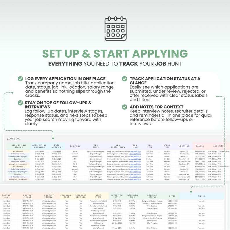 May include: A digital job application tracker with the text "SET UP & START APPLYING" and "EVERYTHING YOU NEED TO TRACK YOUR JOB HUNT." The tracker includes sections for application status, follow-ups, and notes.