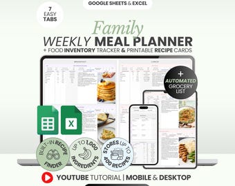 Planificador semanal de comidas Planificador de comidas familiares Sistema de seguimiento de inventario de alimentos Organizador de recetas Excel Google Sheets Ayudante de cocina Comida