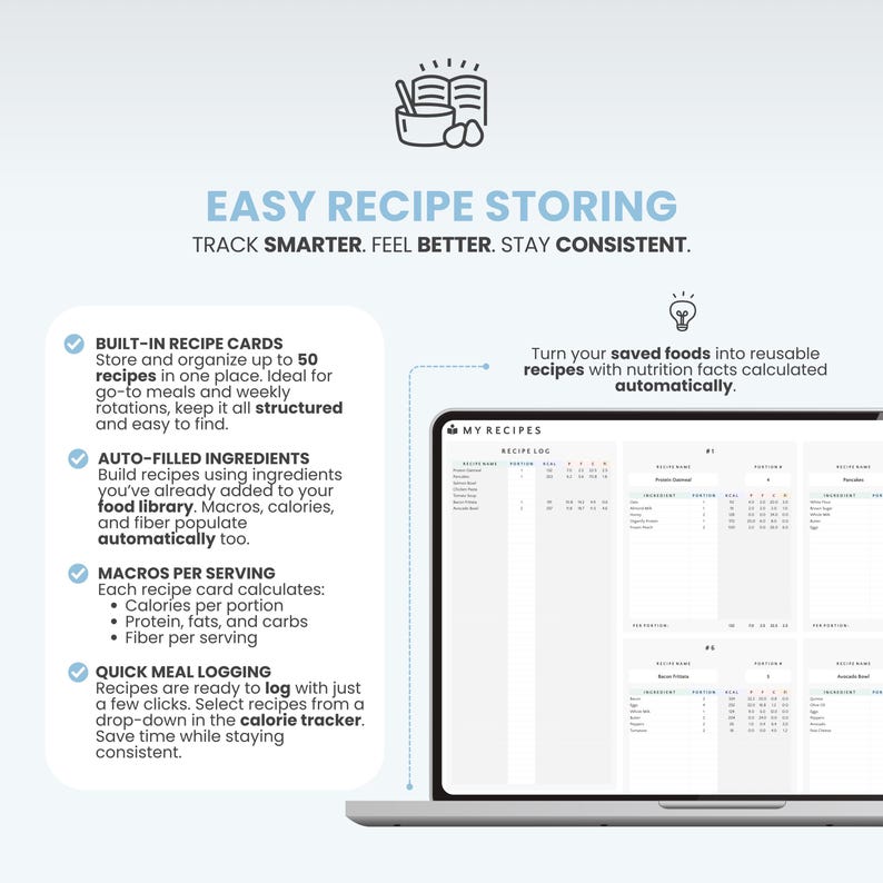 May include: A laptop screen displaying a digital recipe organizer with the text "EASY RECIPE STORING." Features include built-in recipe cards, auto-filled ingredients, macros per serving, and quick meal logging. The interface is clean and modern.