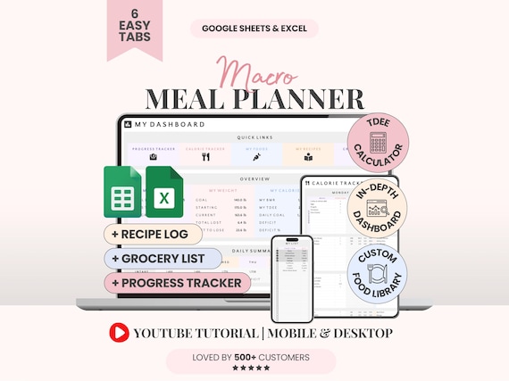 Macro Meal Planner Google Sheets Calorie Calculator Macro Tracker Weight Loss Tracker Grocery List Template Recipe Journal Calorie Deficit