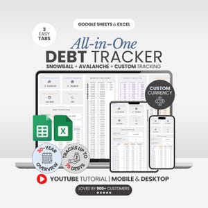 May include: An all-in-one debt tracker for Google Sheets and Excel displayed on a laptop, tablet, and smartphone. The interface features debt snowball, avalanche, and custom tracking methods with 3 easy tabs, a 30-year overview, and custom currency.