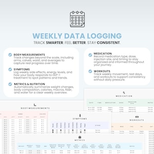 May include: A digital weekly data logging template with sections for body measurements, symptoms, medication, workouts, and metrics. The template includes space to track arms, calves, waist, and averages. The text reads: Track Smarter. Feel Better. Stay Consistent.