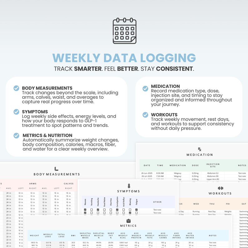 May include: A digital weekly data logging template with sections for body measurements, symptoms, medication, workouts, and metrics. The template includes space to track arms, calves, waist, and averages. The text reads: Track Smarter. Feel Better. Stay Consistent.