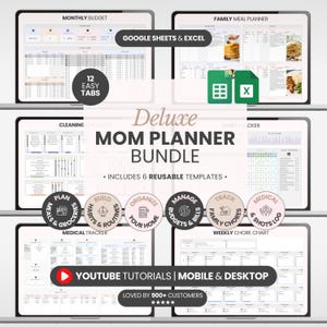 May include: A digital planner bundle featuring six reusable templates for Google Sheets and Excel. The interface includes a monthly budget, family meal planner, cleaning checklist, habit tracker, medical tracker, and weekly chore chart with icons.