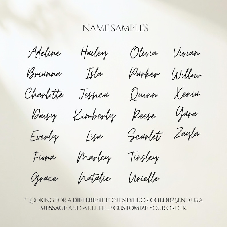 Puede incluir: Una lista de nombres en una fuente cursiva negra titulada NAME SAMPLES, que incluye Adeline, Hailey, Olivia, Vivian, Brianna, Isla, Parker, Willow, Charlotte, Jessica, Quinn, Xenia, Daisy, Kimberly, Reese, Yara, Everly, Lisa, Scarlet, Zayla, Fiona, Marley, Tinsley, Grace, Natalie y Urielle.