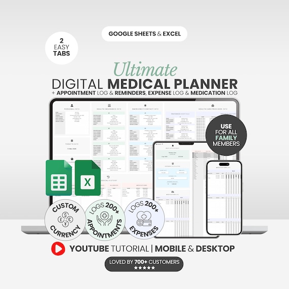 Medical Planner Excel Template Medical Record Tracker Digital Medical Binder Template Doctor Visits Tracker Health Tracker Spreadsheet