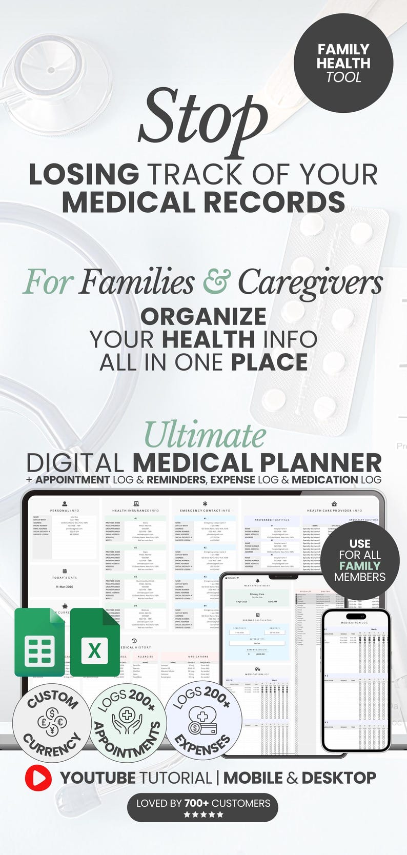 Digital Medical Organizer Doctor Appointment Tracker Medication Log Doctor Visit Record Template Family Medical History Wellness Tracker