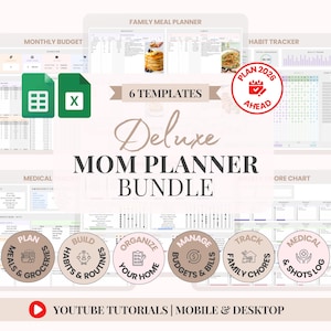 Puede incluir: Un paquete de planificador digital con seis plantillas, que incluyen un presupuesto mensual, un planificador de comidas familiares y un rastreador de hábitos. El planificador incluye el texto "Deluxe Mom Planner Bundle" y "Plan 2026 Ahead".