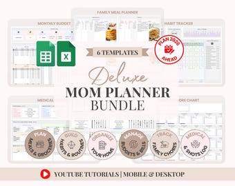 Busy Mom Planner Family Meal Planner Mom Life Planner Google Sheets Chore Chart Excel Household Management System Monthly Budget Spreadsheet