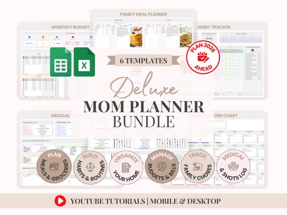 Busy Mom Planner Family Meal Planner Mom Life Planner Google Sheets Chore Chart Excel Household Management System Monthly Budget Spreadsheet