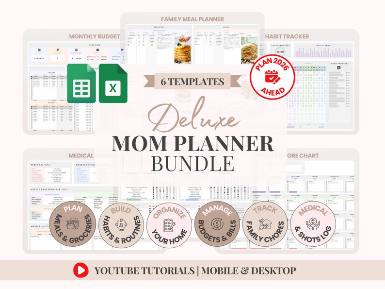 Digital Mom Planner Complete Family Organization Bundle Household Management System Six Downloadable Templates Meal Planning Tool Budget Tracking Spreadsheet Medical Records Organizer Habit Formation Chart Cleaning Schedule Template Weekly