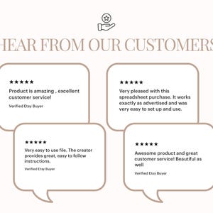 May include: A beige graphic with the text "HEAR FROM OUR CUSTOMERS" and four customer reviews in speech bubbles. Each review includes a 5-star rating and positive feedback about the product and customer service.