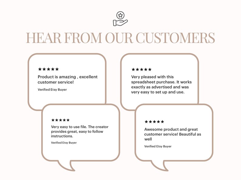 May include: A beige graphic with the text "HEAR FROM OUR CUSTOMERS" and four customer reviews in speech bubbles. Each review includes a 5-star rating and positive feedback about the product and customer service.