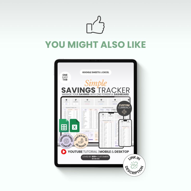 May include: A digital tablet displays a savings tracker interface. The screen shows a spreadsheet with financial data, and the text "Simple Savings Tracker" is visible. Additional text includes "Manage your savings with one powerful dashboard."