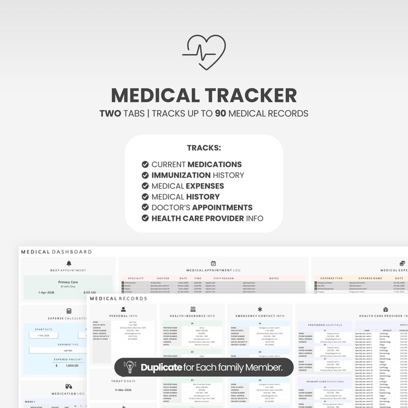 May include: A digital medical tracker template featuring two tabs and space for 90 records. It includes sections for current medications, immunization history, medical expenses, medical history, doctor appointments, and health care provider information.