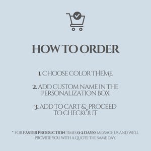 Może przedstawiać: Obraz w kolorze jasnoniebieskim z tekstem "HOW TO ORDER" i instrukcjami: Wybierz motyw kolorystyczny, dodaj niestandardową nazwę i dodaj do koszyka. Ikona koszyka z haczykiem znajduje się na g&oacute;rze.