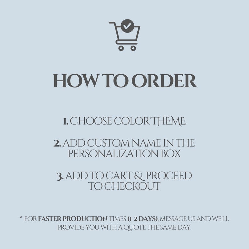 Może przedstawiać: Obraz w kolorze jasnoniebieskim z tekstem "HOW TO ORDER" i instrukcjami: Wybierz motyw kolorystyczny, dodaj niestandardową nazwę i dodaj do koszyka. Ikona koszyka z haczykiem znajduje się na g&oacute;rze.