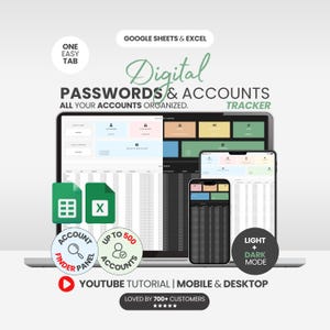 Dark Mode Passwort Log Sheet Passwort-Buch Digital Passwort Tracker Google Sheets Konten Vorlage Digital Passwort-Manager Tabelle