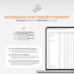 May include: A digital graphic displaying Automatic Etsy Fees by Country with a laptop screen showing a detailed fee table. The text explains how the tool applies country-specific fees to keep pricing calculations accurate for Etsy shop owners.