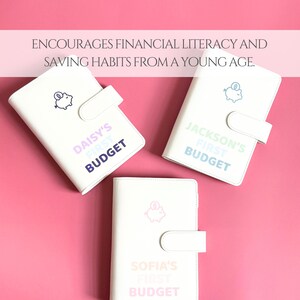 May include: Three white budget planners with a piggy bank icon and the text "DAISY'S FIRST BUDGET", "JACKSON'S FIRST BUDGET", and "SOFIA'S FIRST BUDGET". The image includes the text "ENCOURAGES FINANCIAL LITERACY AND SAVING HABITS FROM A YOUNG AGE."