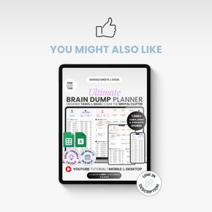 Puede incluir: Una tableta digital que muestra el Ultimate Brain Dump Planner para Google Sheets y Excel. La pantalla presenta dise&ntilde;os de organizaci&oacute;n de tareas, iconos de compatibilidad m&oacute;vil y de escritorio, y el texto 1,000+ tasks, ideas & thoughts stored.
