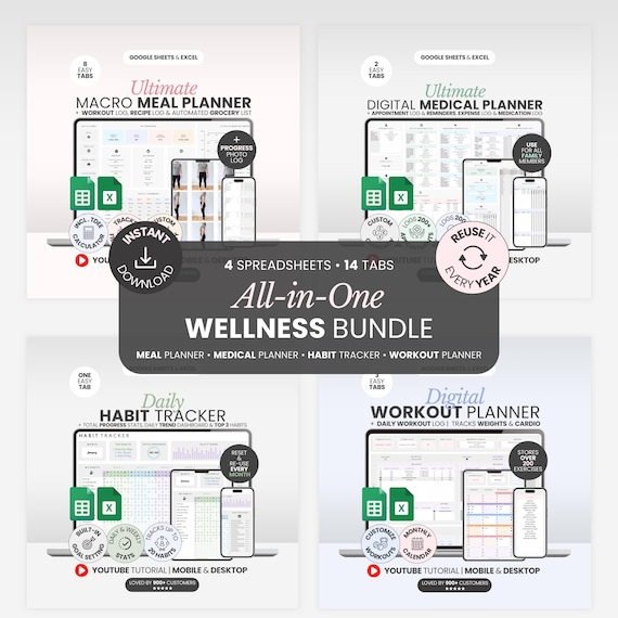 Health And Wellness Template Wellness Journal Self Care Template Digital Fitness Tracker Excel Weight Loss Journal Meal Planner Sheet