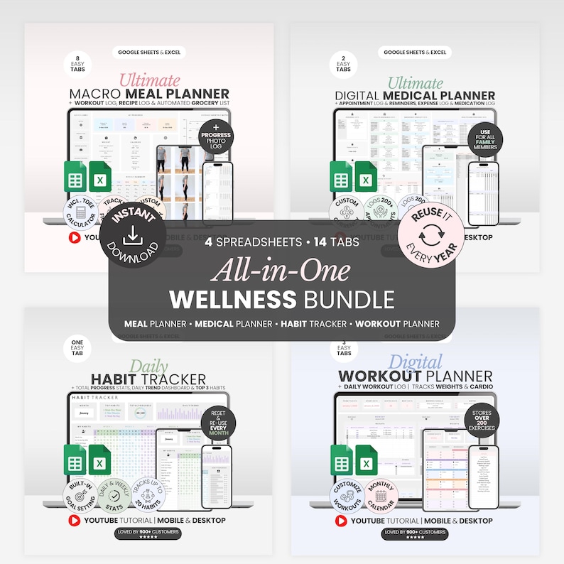 Health And Wellness Template Wellness Journal Self Care Template Digital Fitness Tracker Excel Weight Loss Journal Meal Planner Sheet