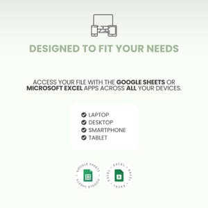 May include: A graphic with the text "DESIGNED TO FIT YOUR NEEDS" and "ACCESS YOUR FILE WITH THE GOOGLE SHEETS OR MICROSOFT EXCEL APPS ACROSS ALL YOUR DEVICES." Includes icons for laptop, desktop, smartphone, and tablet.