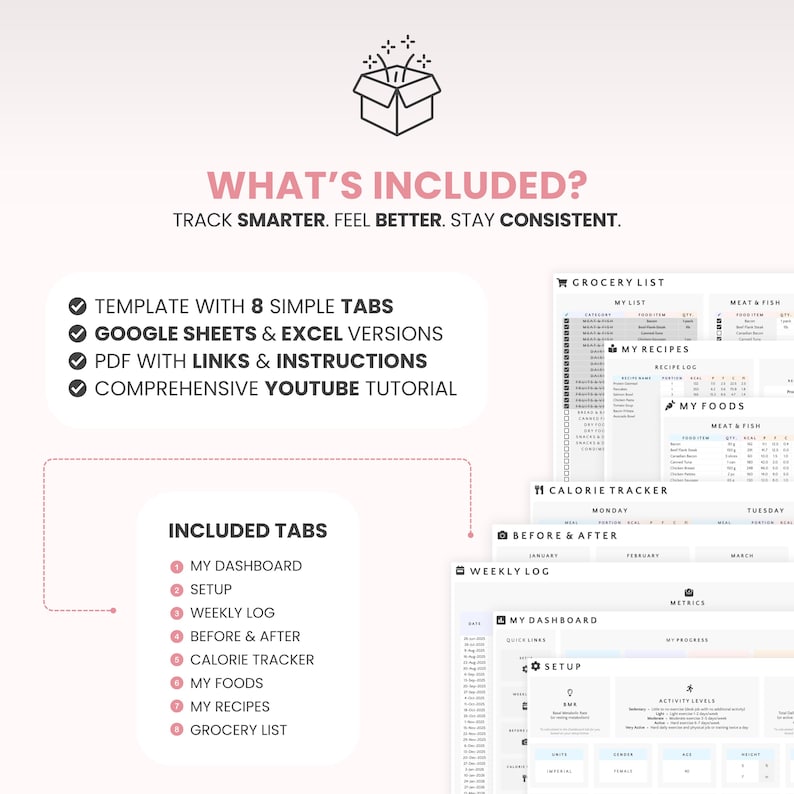 Macro Meal Planner Google Sheets Calorie Calculator Macro Tracker Weight Loss Tracker Grocery List Template Recipe Journal Calorie Deficit